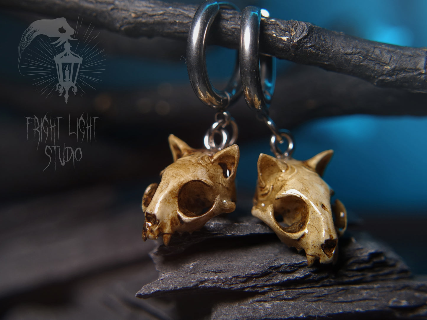 Cat Skull Old Glossy Earrings (Pair)